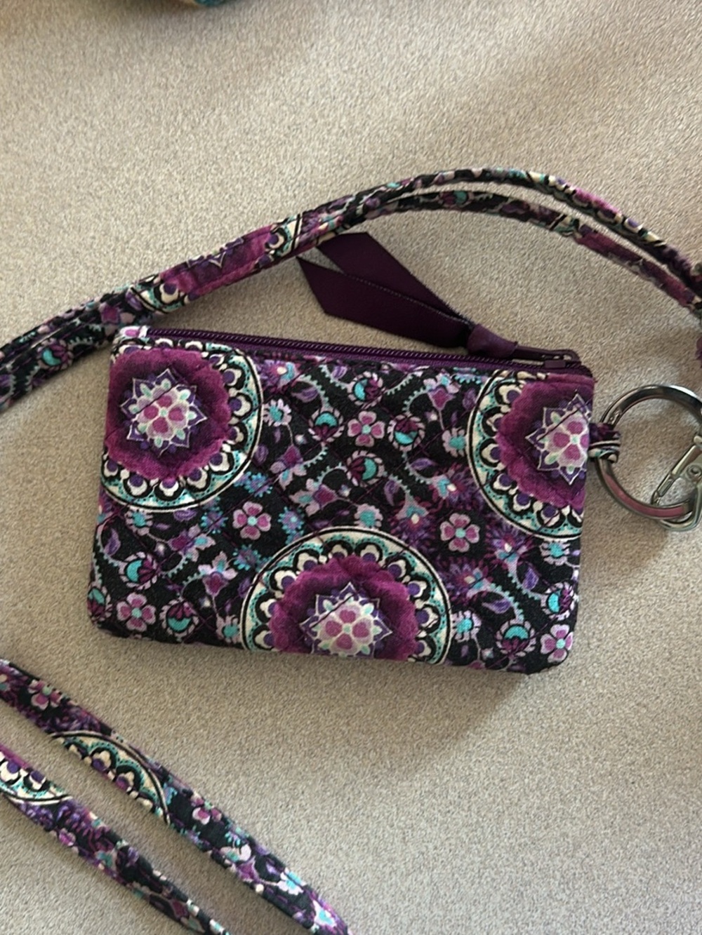 Vera Bradley Purple Teal Floral Quilted Wristlet ID Case - Picture 2 of 3